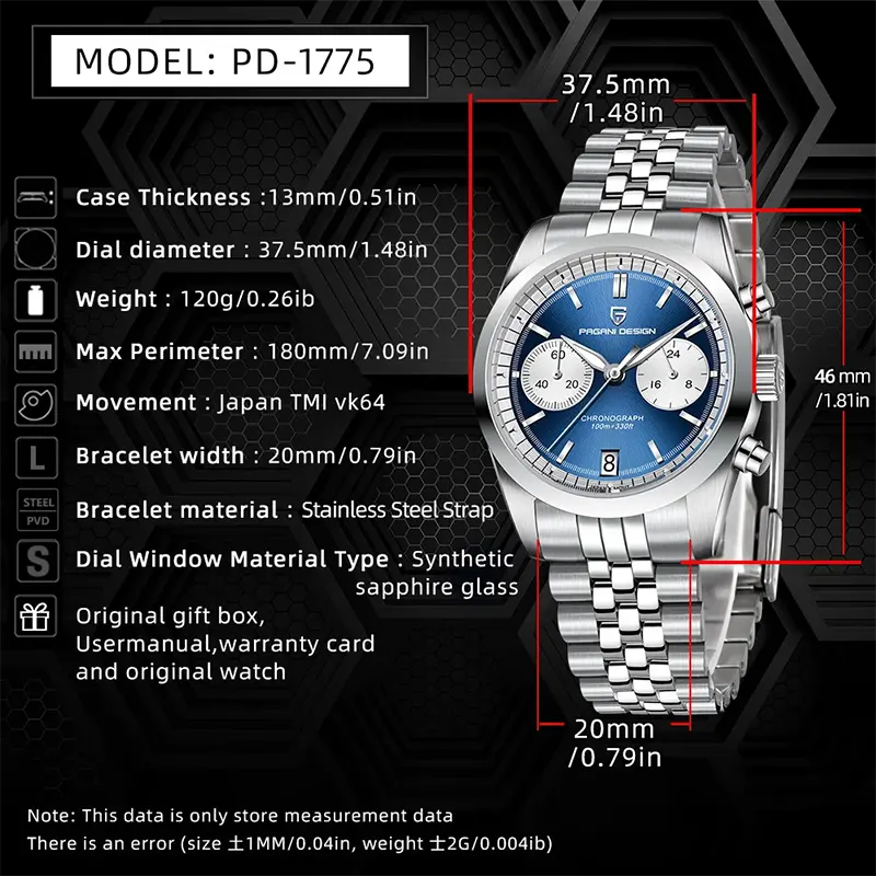 Pagani Design PD-1775 Mecha-Quartz Chronograph Blue Dial Men's Watch